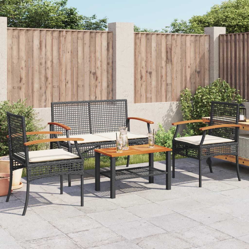 vidaXL 4-delige Loungeset met kussens poly rattan zwart afbeelding