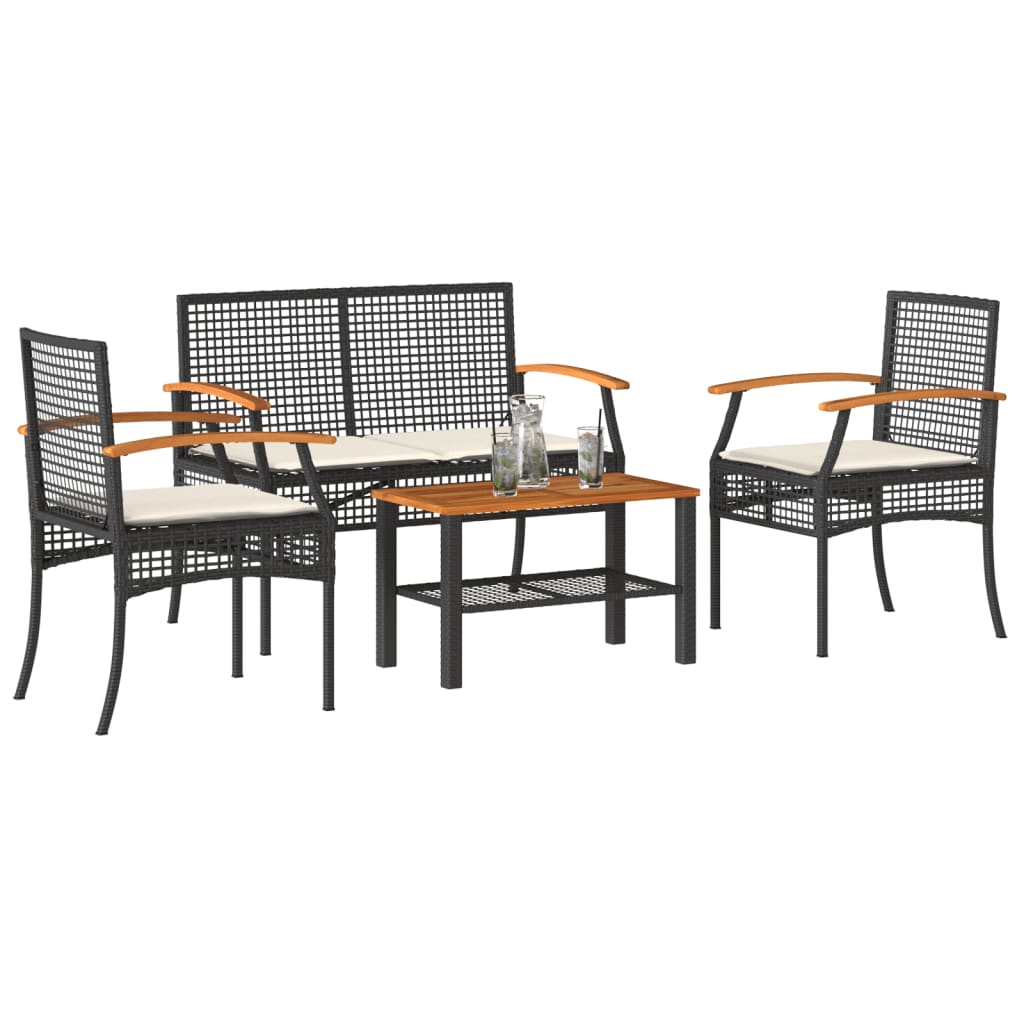 imagem de vidaXL 4 pcs conjunto lounge de jardim c/ almofadões vime PE preto1