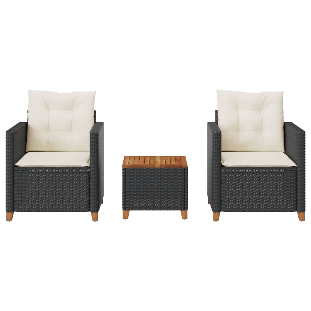 vidaXL 3-delige Bistroset met kussens poly rattan en acaciahout zwart afbeelding