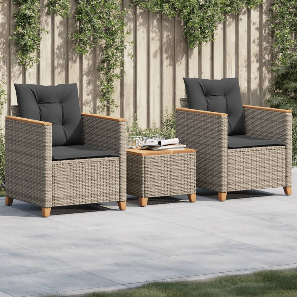 vidaXL 3-tlg. Bistro-Set mit Kissen Grau Poly Rattan Akazienholz