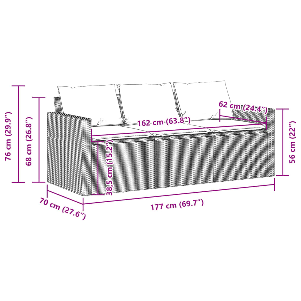 Patio Sofa with Cushions 3-Seater Modular Couch Outdoor Seat Poly Rattan vidaXL - Picture 28 of 81
