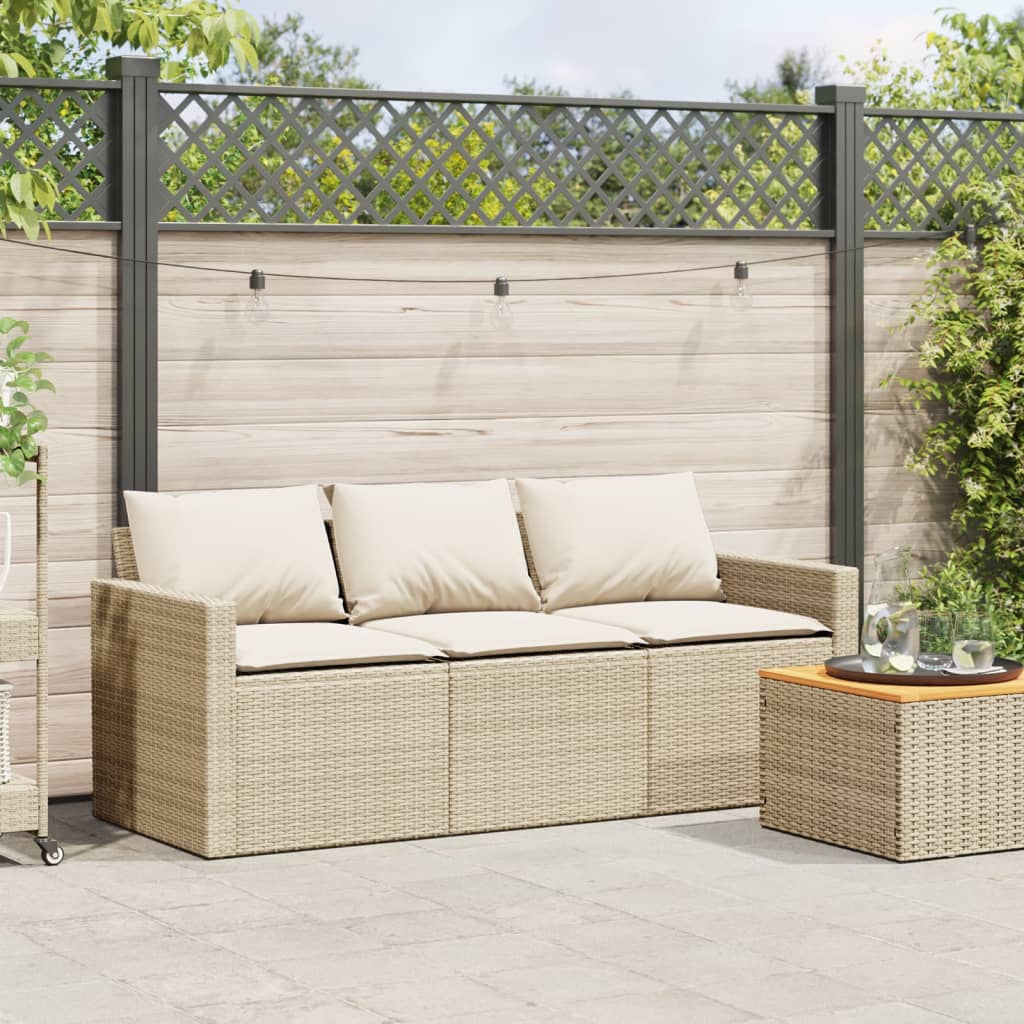 vidaXL Tuinbank 3-zits met kussens poly rattan beige