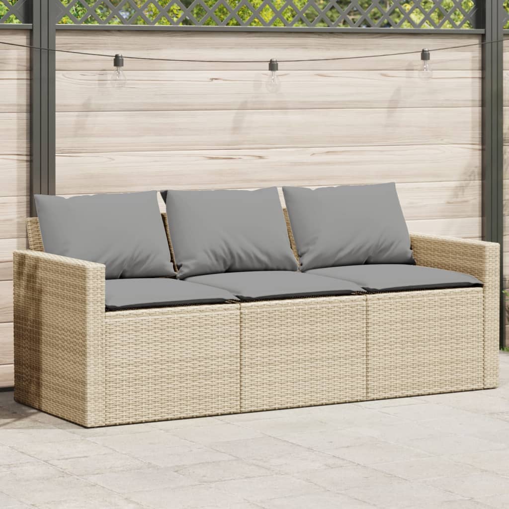 vidaXL Gartensofa mit Kissen 3-Sitzer Beige Poly Rattan