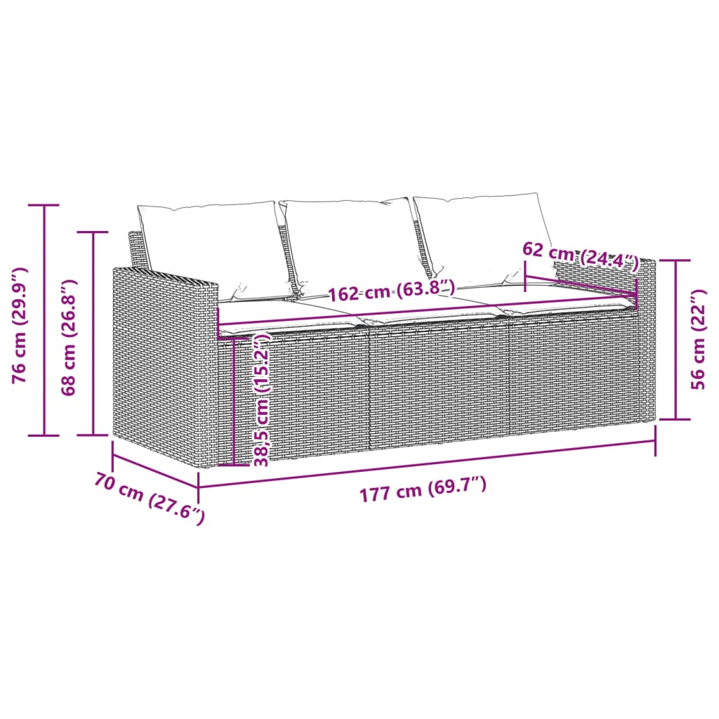 Patio Sofa with Cushions 3-Seater Modular Couch Outdoor Seat Poly Rattan vidaXL - Picture 44 of 81