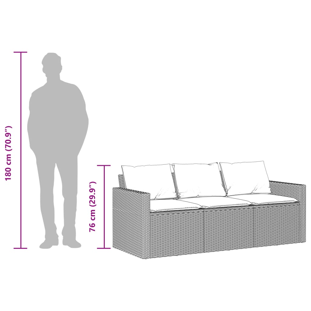 Patio Sofa with Cushions 3-Seater Modular Couch Outdoor Seat Poly Rattan vidaXL - Picture 49 of 81