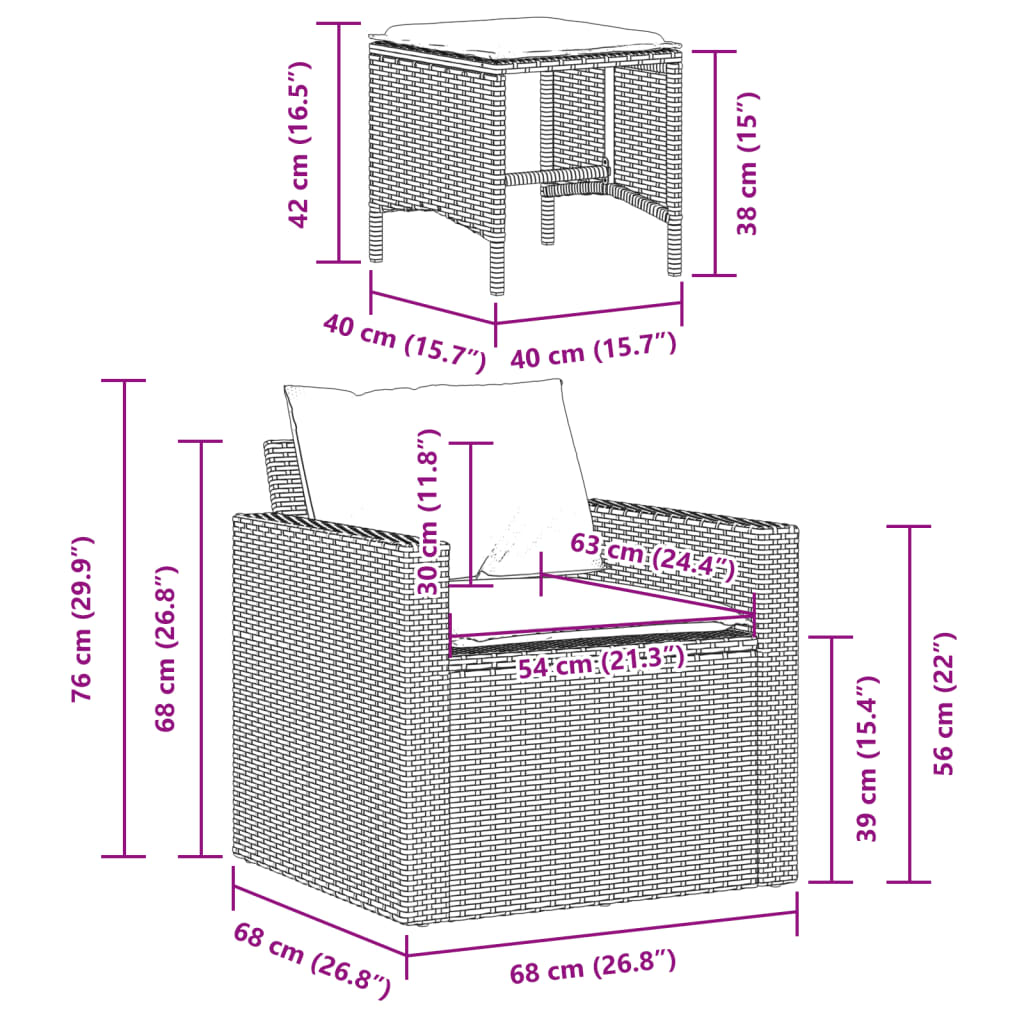 Zestaw wypoczynkowy rattan PE, szary, 68x68x68 cm, 5 poduszek