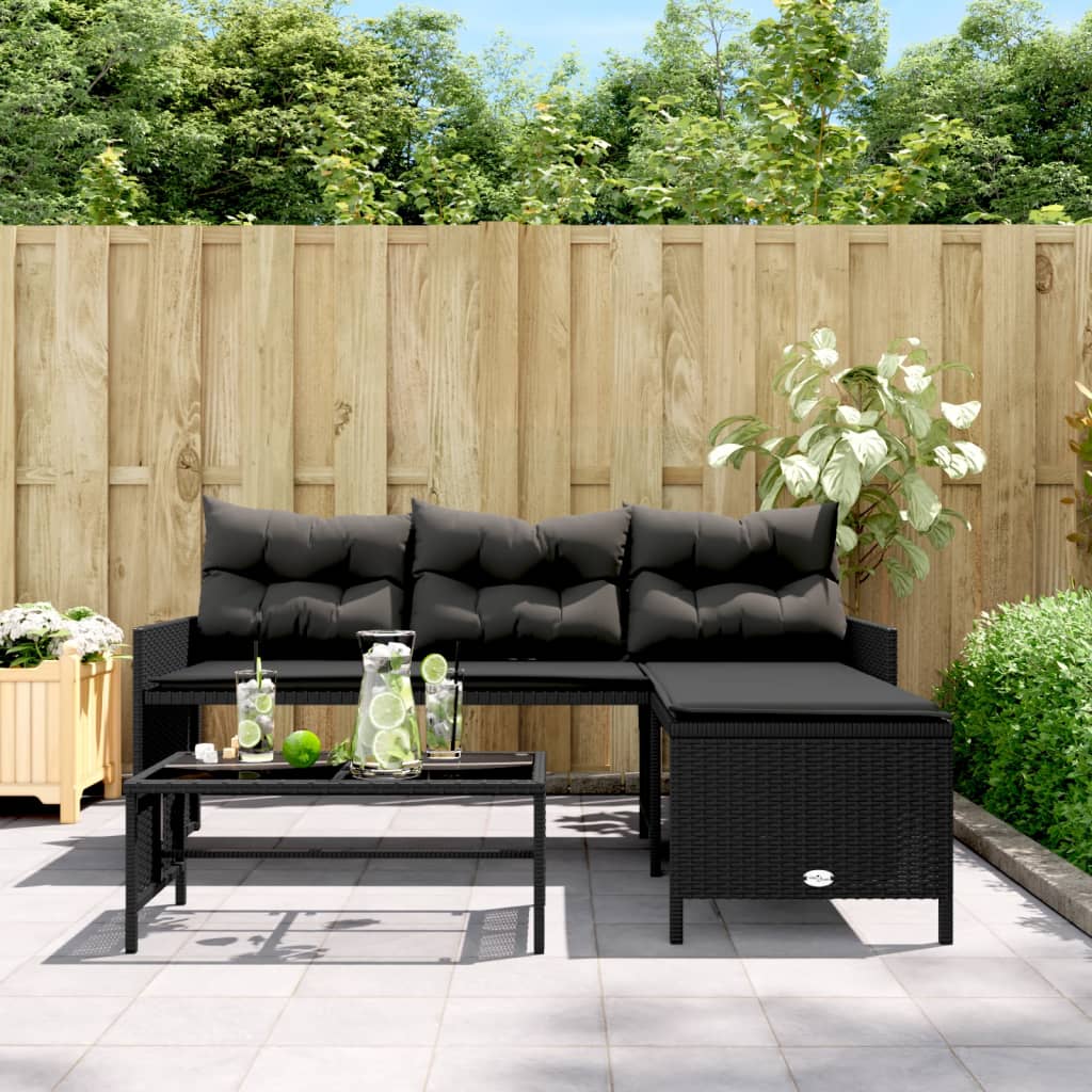 Thumbnail - vidaXL Gartensofa in L-Form mit Tisch und Kissen Schwarz Poly Rattan