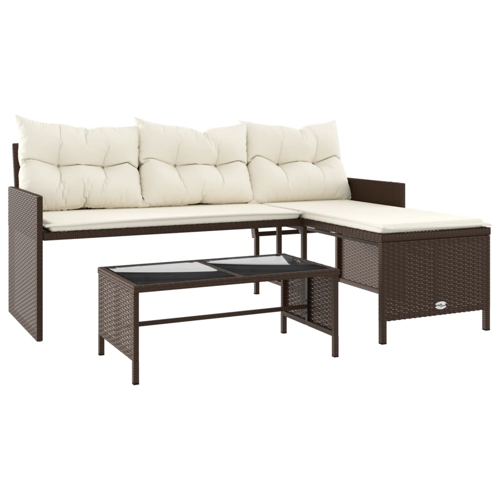 Image of vidaXL Garden Sofa with Table and Cushions L-Shaped Brown Poly Rattan