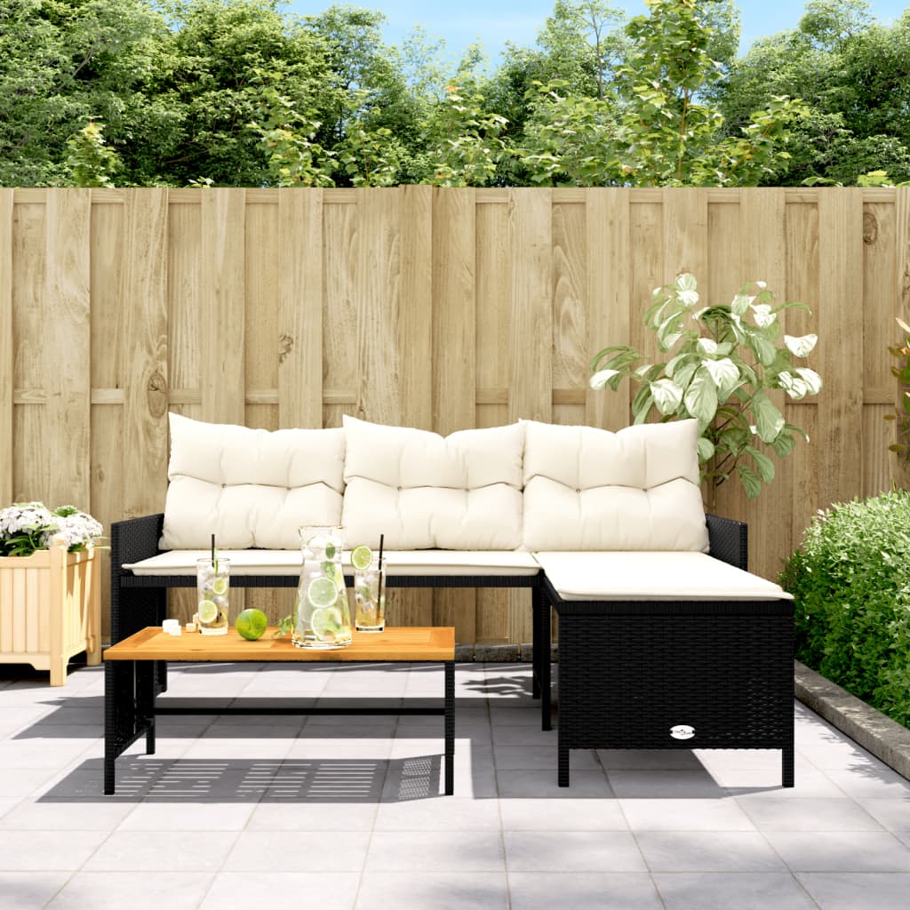 vidaXL Tuinbank met tafel en kussens L-vormig poly rattan zwart afbeelding