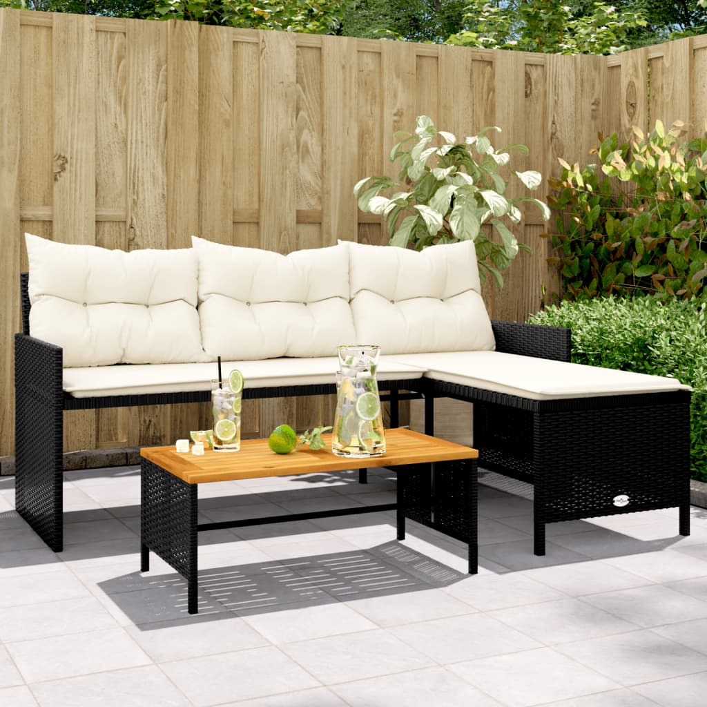 vidaXL Gartensofa in L-Form mit Tisch und Kissen Schwarz Poly Rattan