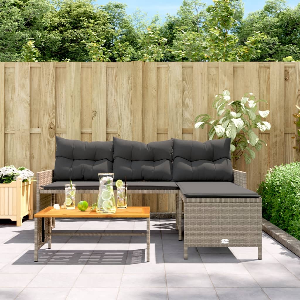 vidaXL Tuinbank met tafel en kussens L-vormig poly rattan grijs afbeelding