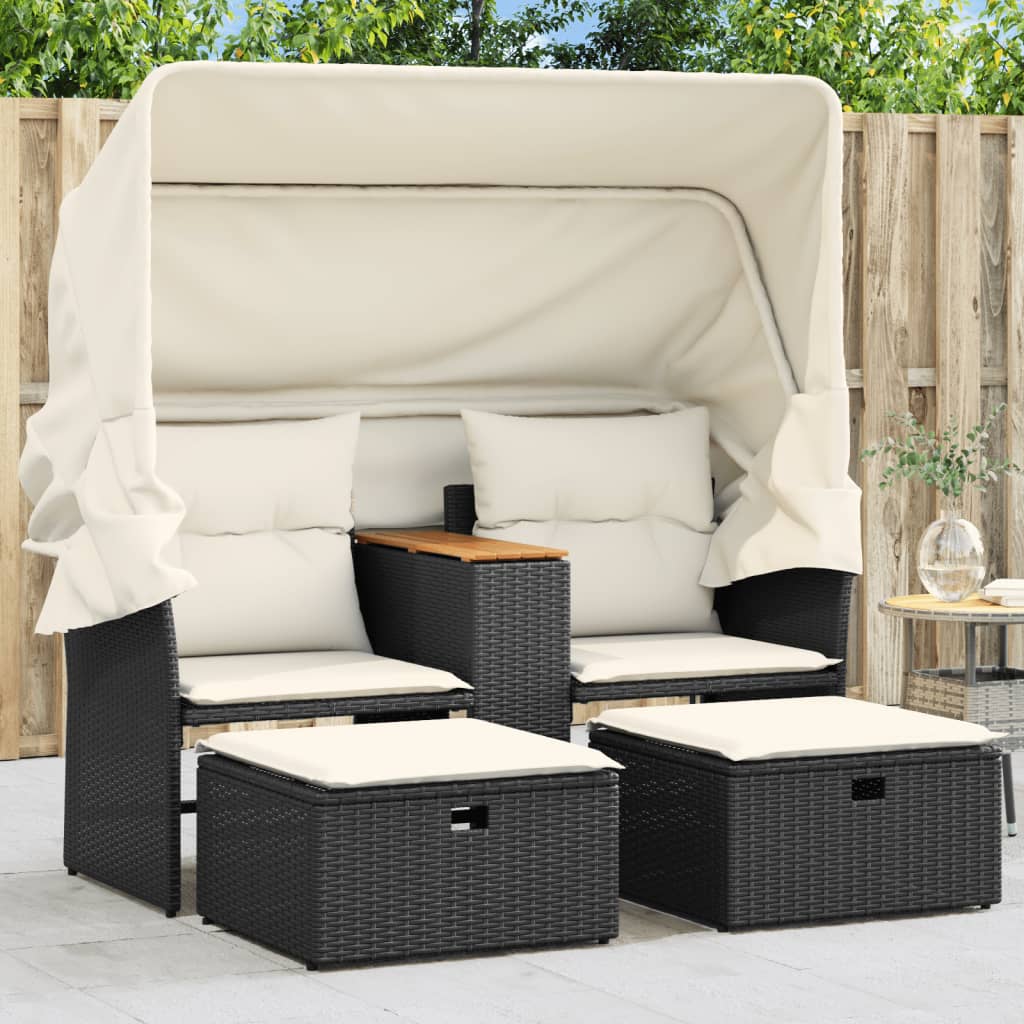 Gartensofa 2-Sitzer mit Dach und Hockern Schwarz Poly Rattan