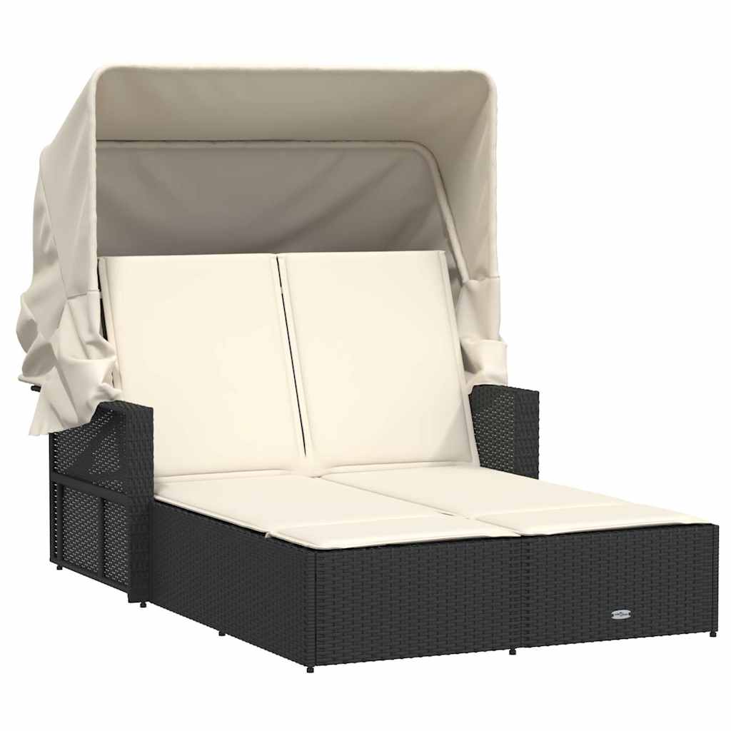 Double Sun Lounger with Canopy and Cushions Patio Day Bed Poly Rattan vidaXL