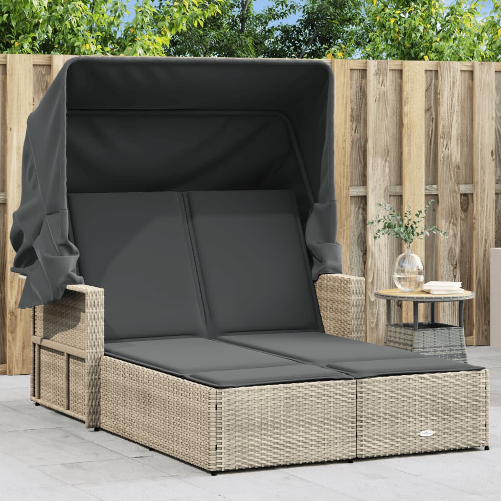 vidaXL Double Sun Lounger with Canopy and Cushions Light Grey Poly Rattan