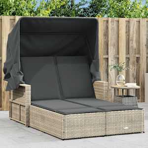 Dvojni ležalnik s streho in blazinami svetlo siv poli ratan