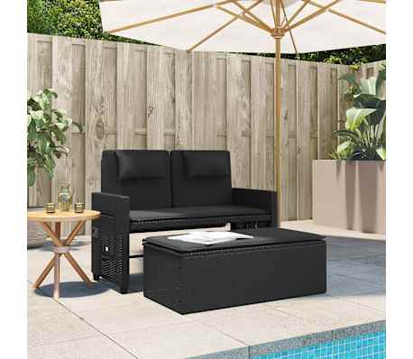 vidaXL Reclining Garden Bench with Cushions Black Poly Rattan