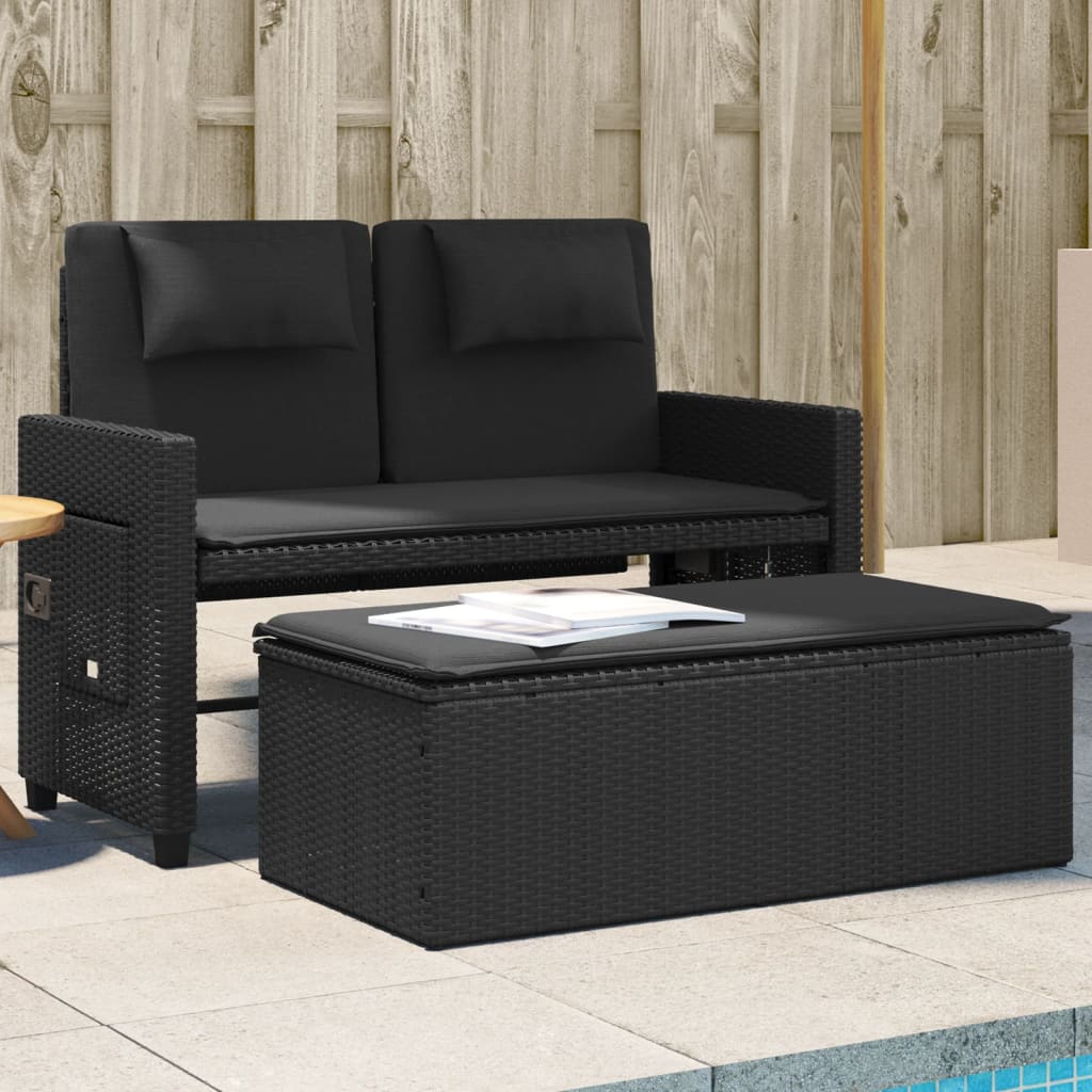 vidaXL Reclining Garden Bench with Cushions Black Poly Rattan