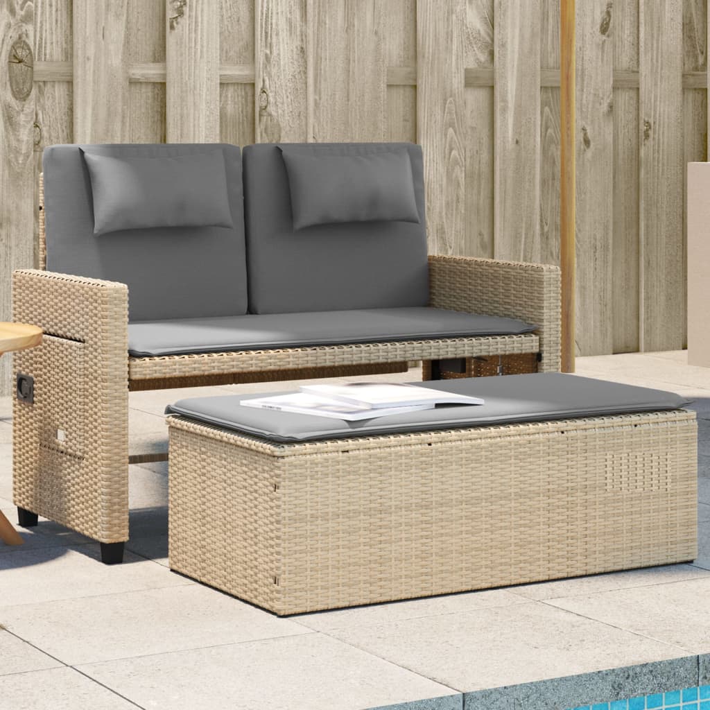 vidaXL Justerbar trädgårdsbänk med dynor beige konstrotting