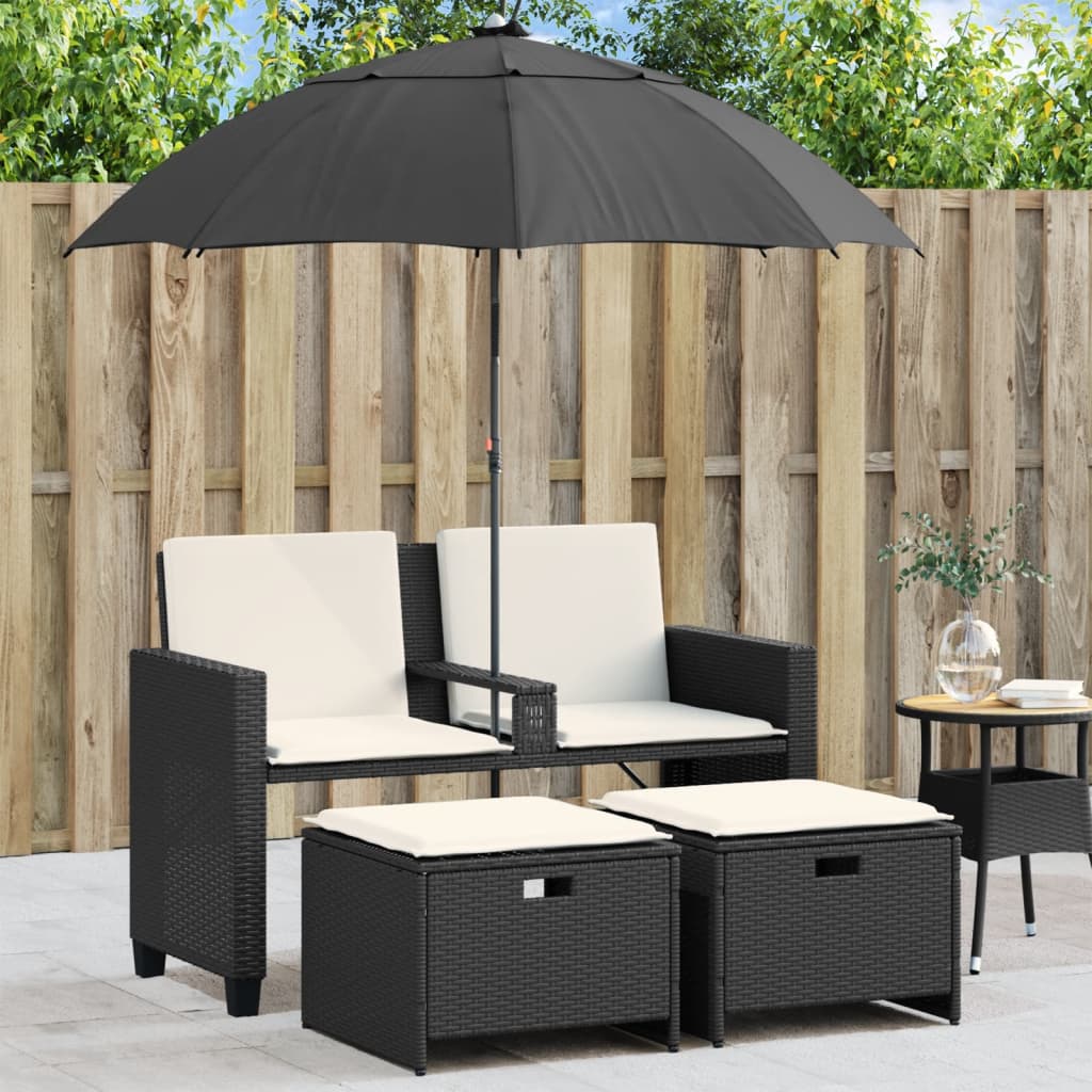 vidaXL Gartensofa 2-Sitzer Sonnenschirm und Hocker Schwarz Poly-Rattan