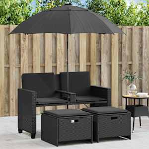 Vrtni kavč dvosed s senčnikom in stolčki črn poli ratan