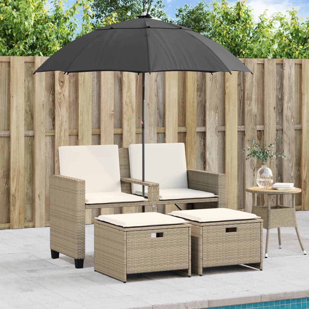 vidaXL Tuinbank 2-zits met parasol en voetenbanken poly rattan beige