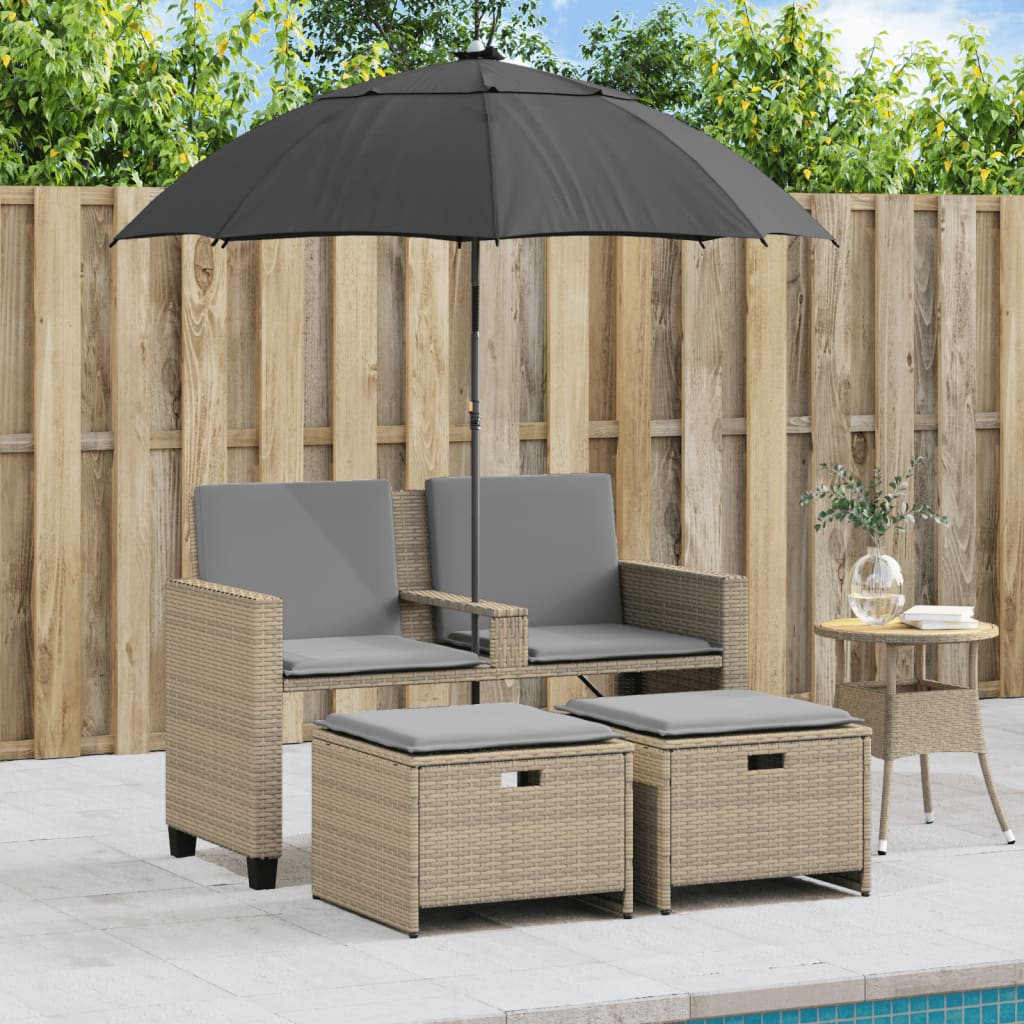 vidaXL Tuinbank 2-zits met parasol en voetenbanken poly rattan beige