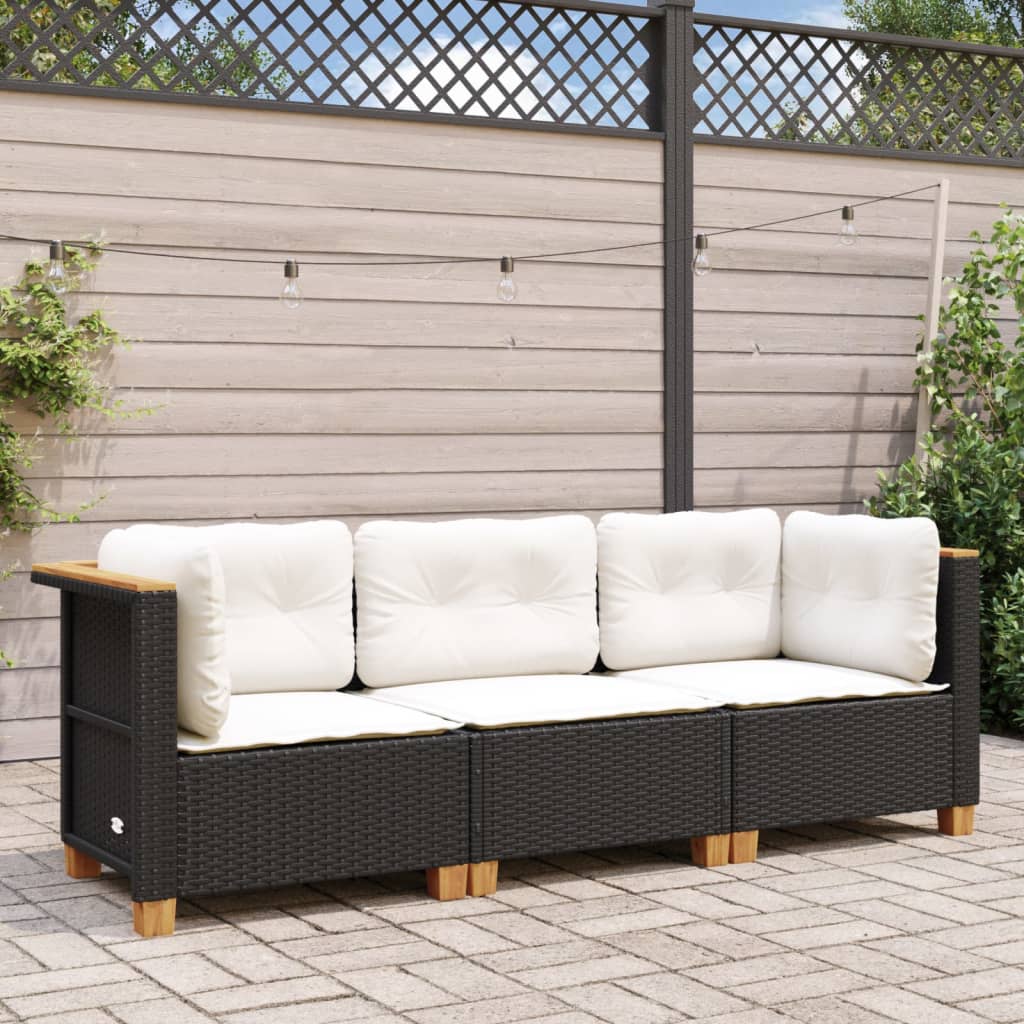 vidaXL Tuinbank 3-zits met kussens poly rattan zwart afbeelding