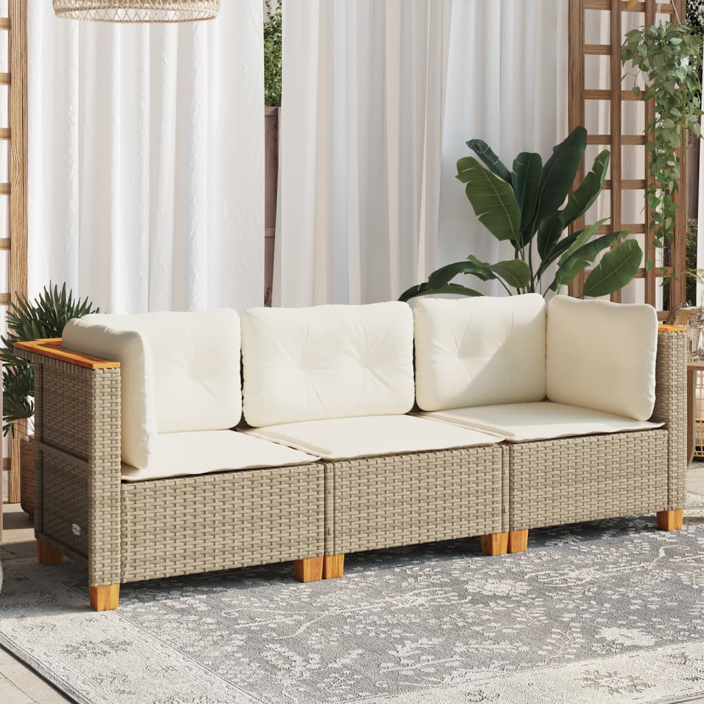 vidaXL Tuinbank 3-zits met kussens poly rattan beige