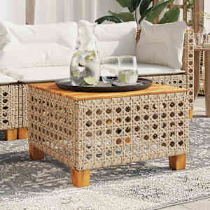 Vrtna miza bež 55x55x36 cm poli ratan in akacijev les