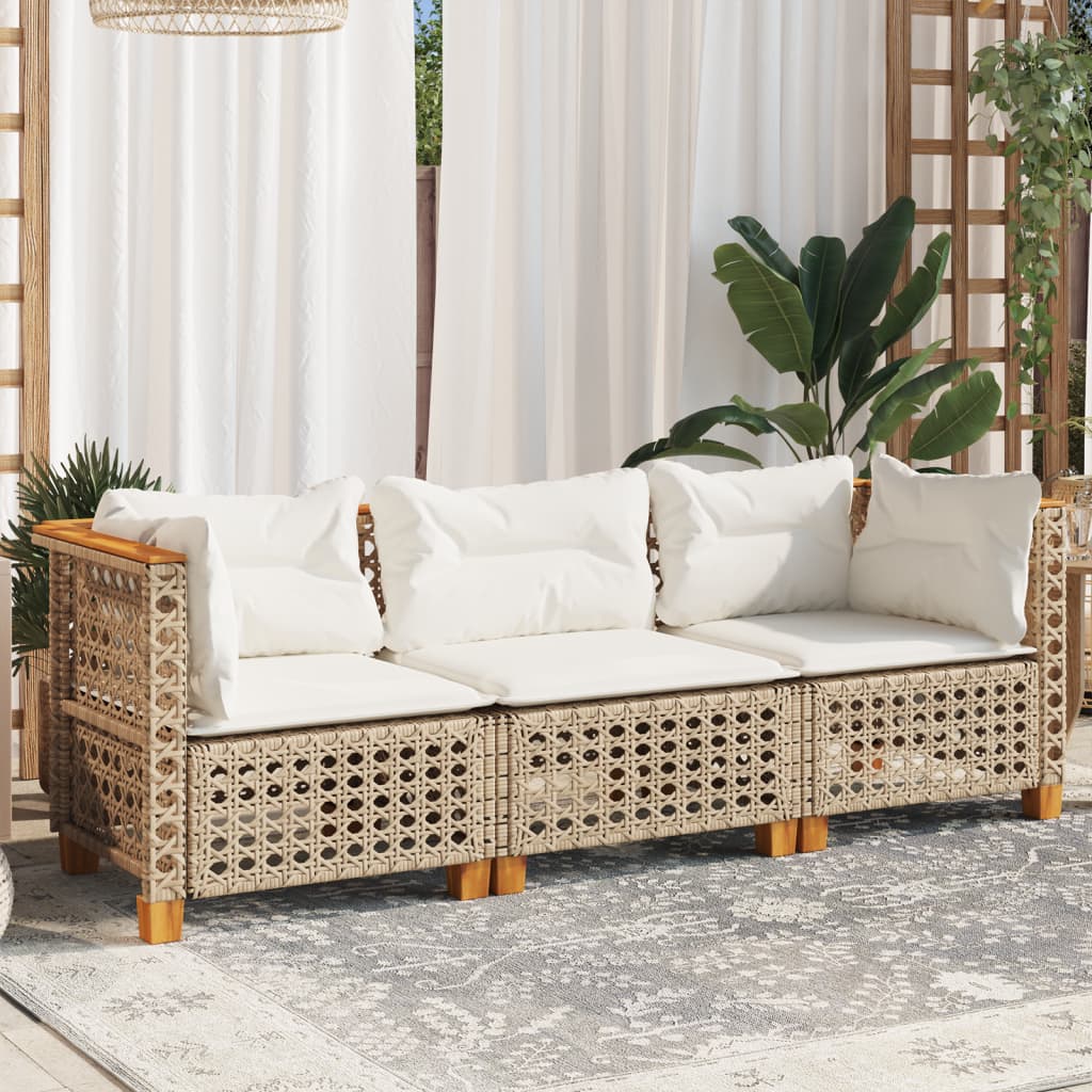 vidaXL Tuinbank 3-zits met kussens poly rattan beige afbeelding