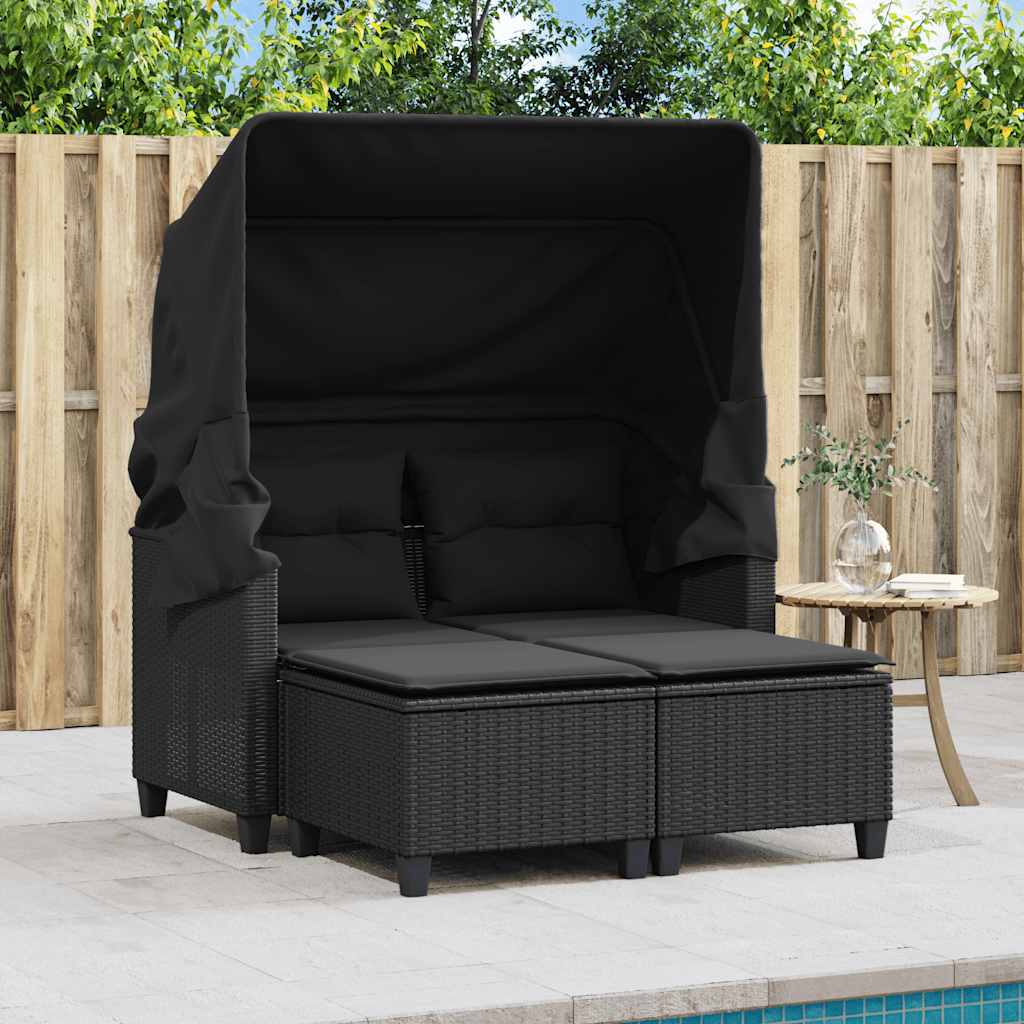 Thumbnail - vidaXL Gartensofa 2-Sitzer mit Dach und Hockern Schwarz Poly Rattan