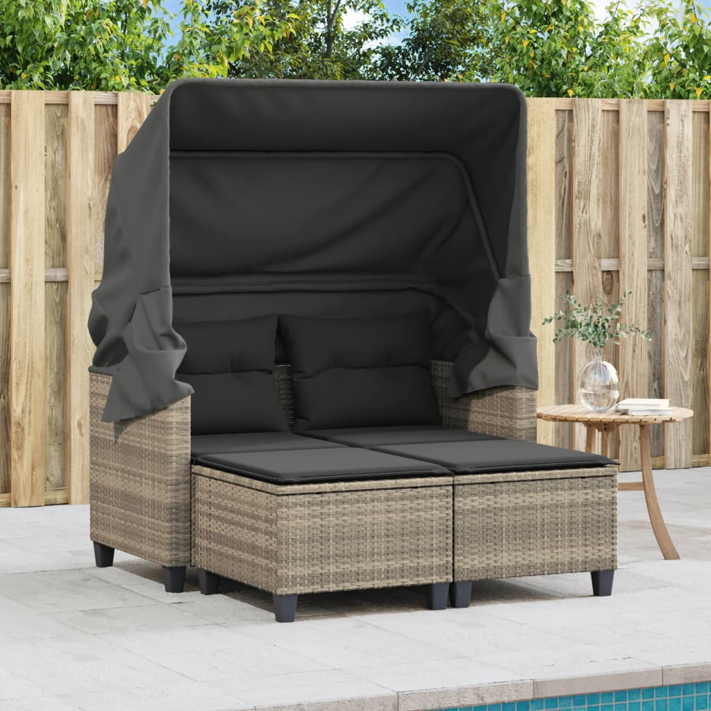 Thumbnail - vidaXL Gartensofa 2-Sitzer mit Dach und Hockern Hellgrau Poly Rattan