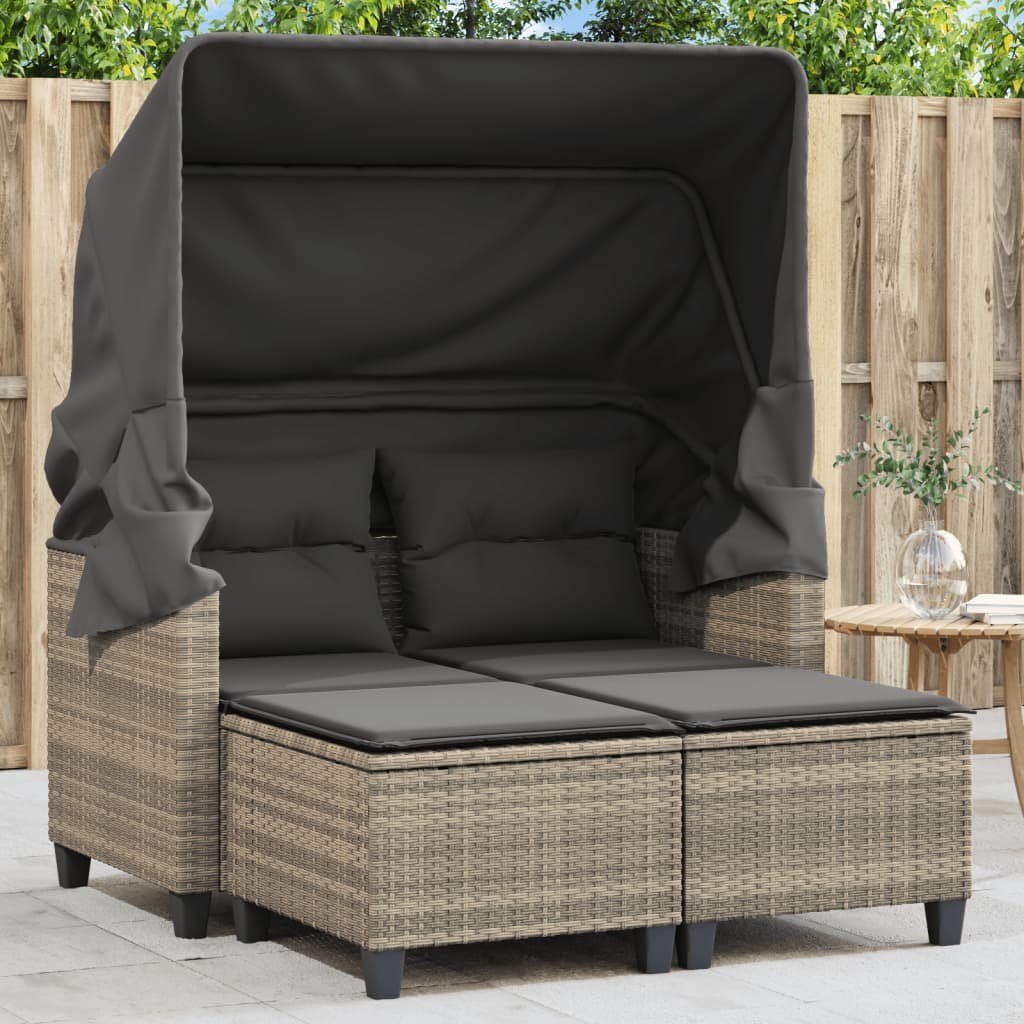 vidaXL Gartensofa 2-Sitzer mit Dach und Hockern Hellgrau Poly Rattan