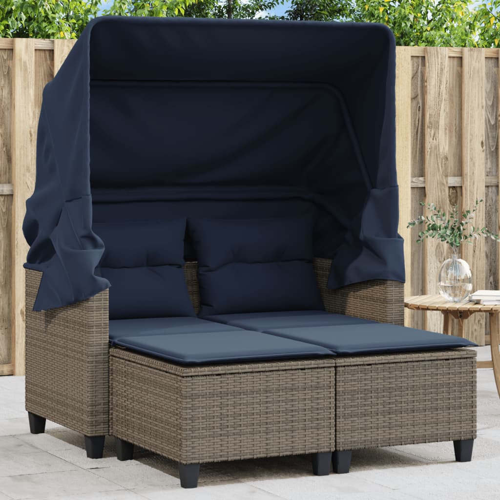 Garden Sofa Grey, Navy Blue PE Rattan, Powder-Coated St...