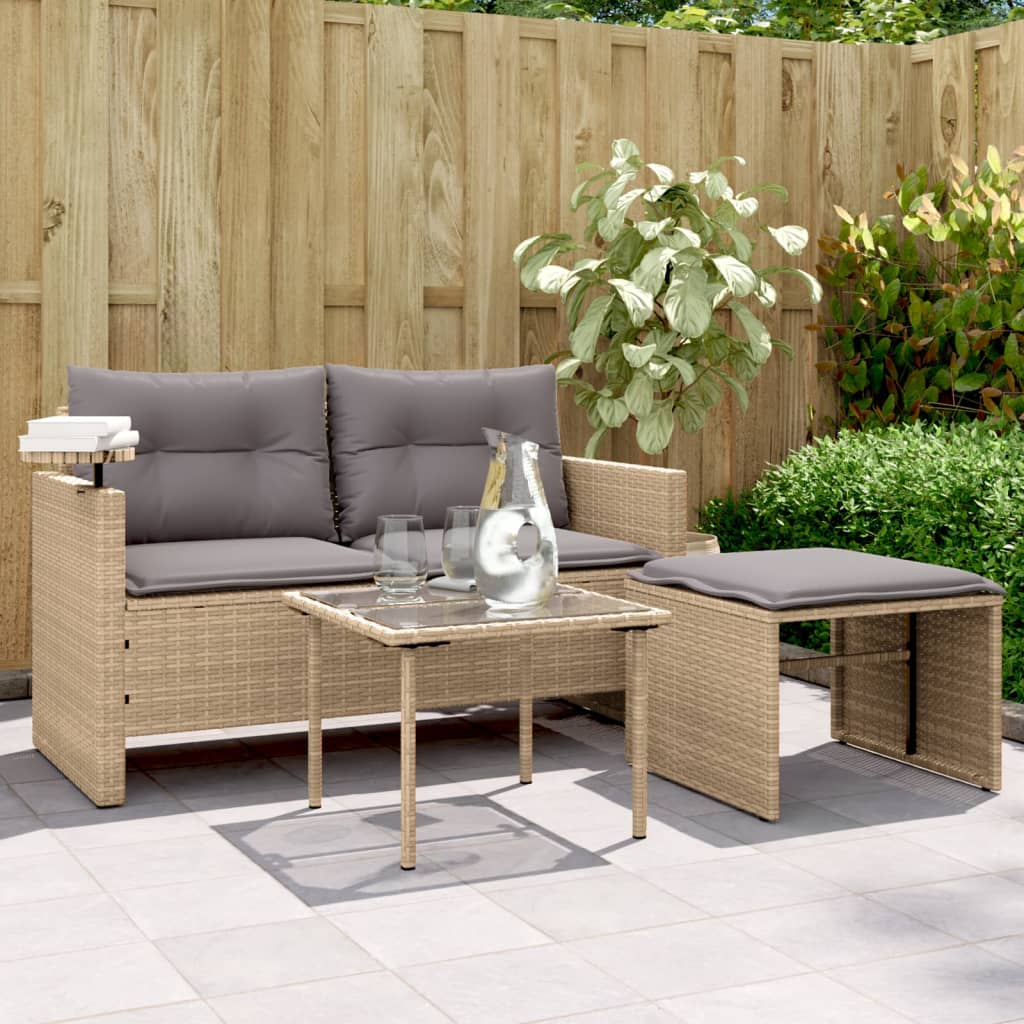 vidaXL 3-tlg. Garten-Sofagarnitur mit Kissen Beige Poly Rattan