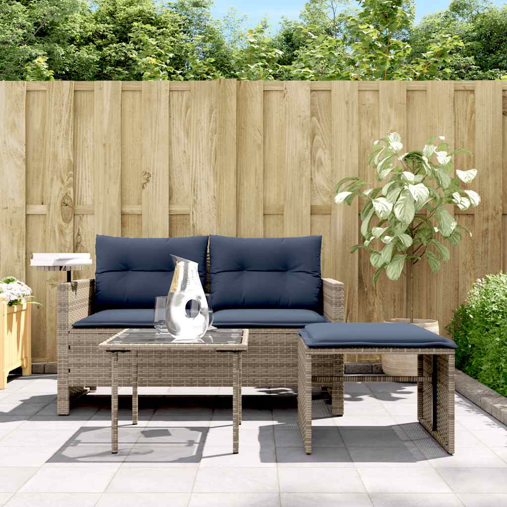 vidaXL 3-delige tuinbankset met kussens, grijs polyrotan