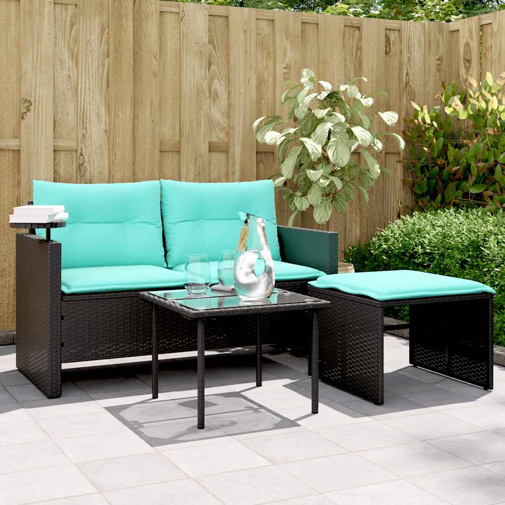 vidaXL 3-teiliges Gartensofa-Set mit Kissen, schwarzes Polyrattan