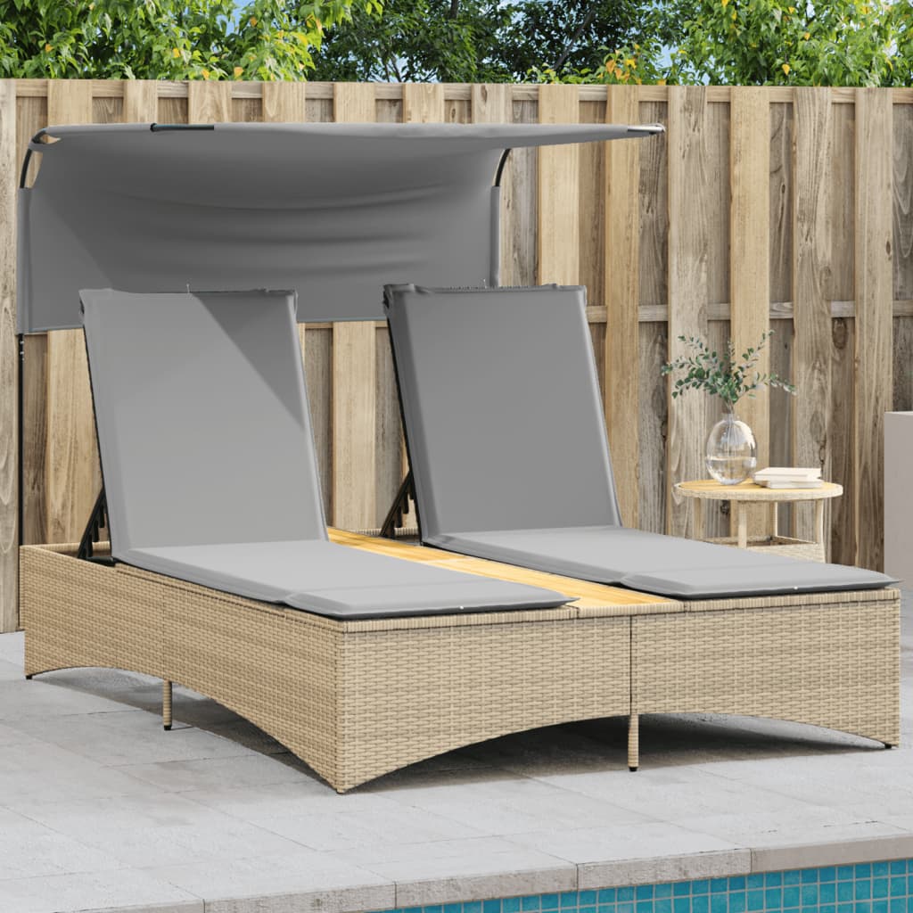 vidaXL Doppel-Sonnenliege mit Dach und Auflagen Beige Poly Rattan