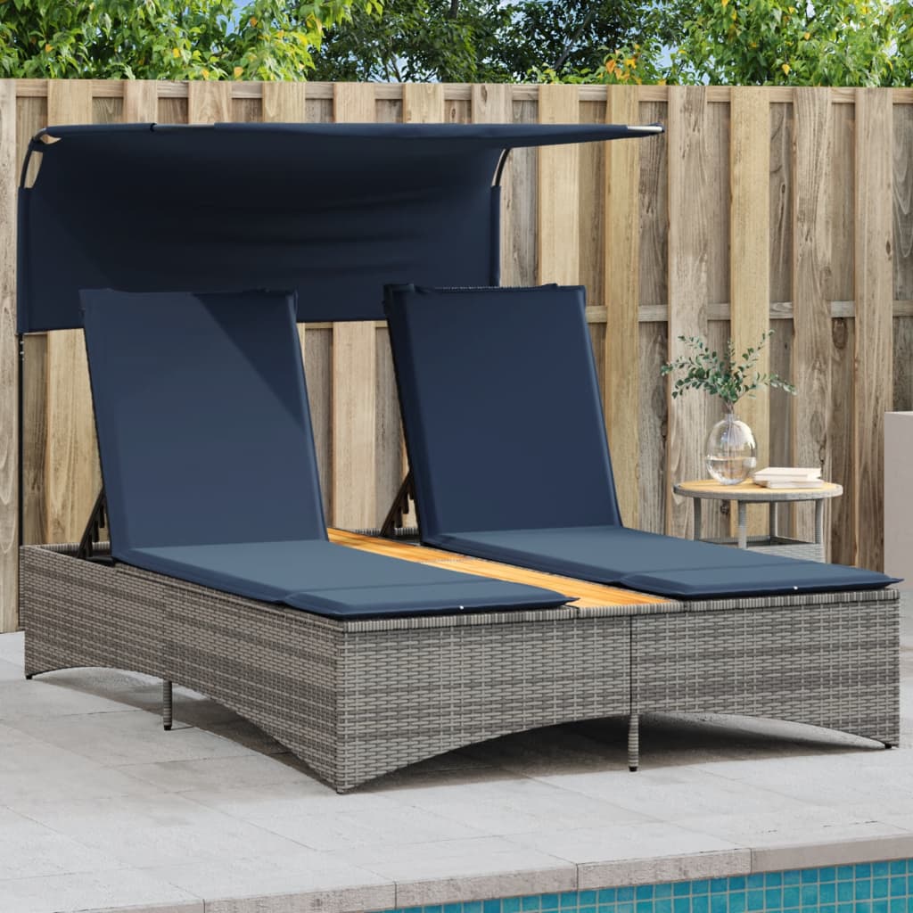 vidaXL Doppel-Sonnenliege mit Dach und Kissen Grau Poly Rattan