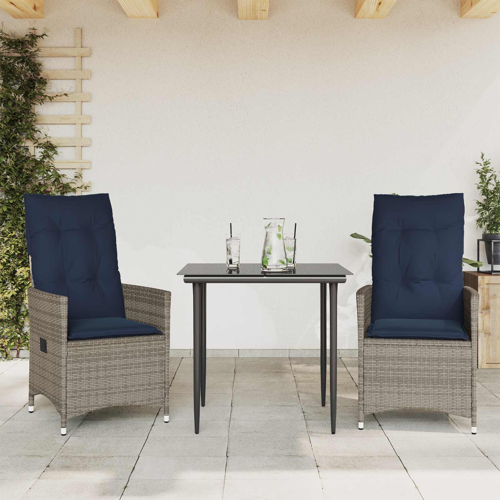 Havestole med lænefunktion - 2 stk. i grå polyrattan med marineblå hynder
