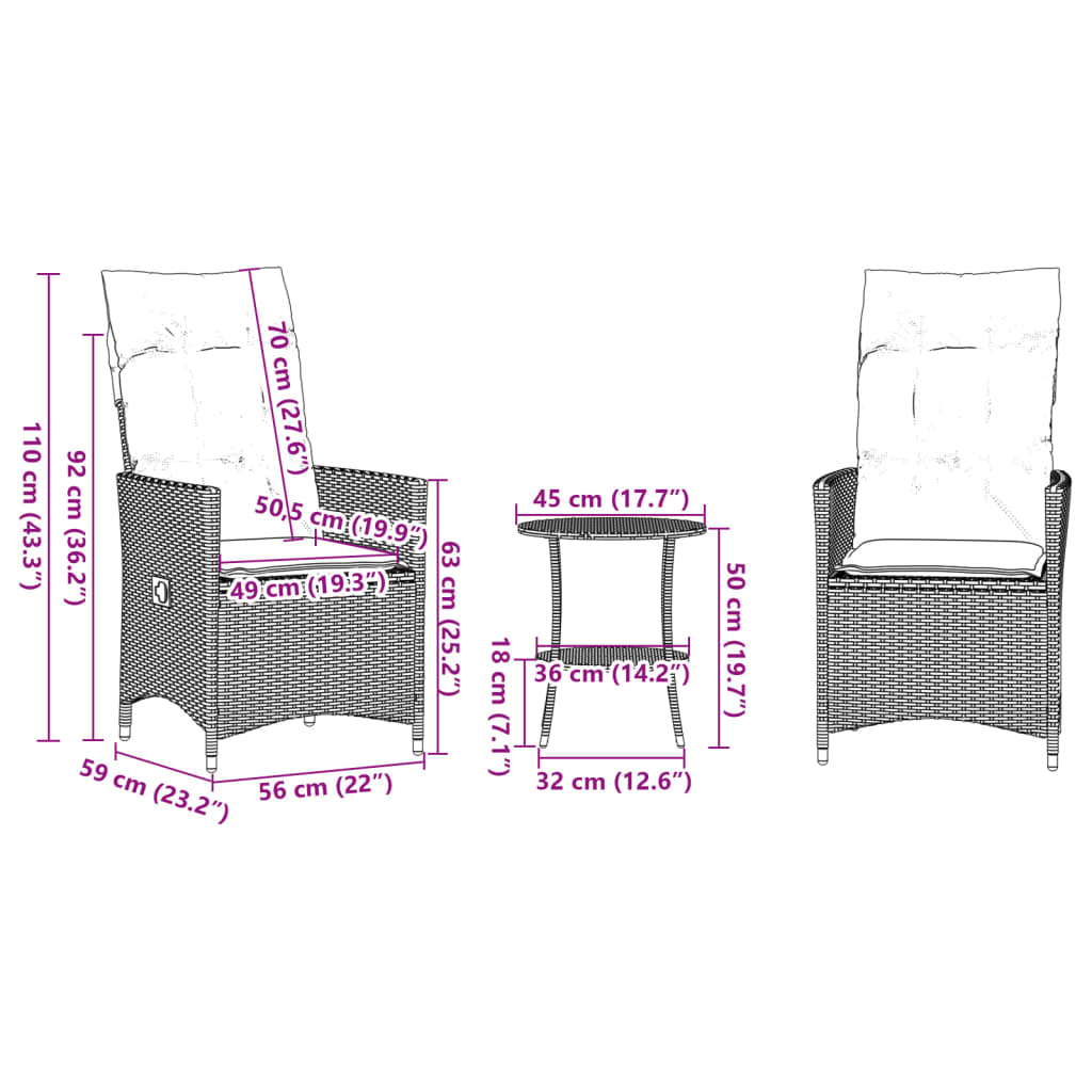 imagem de vidaXL 3 pcs conjunto bistrô com almofadões vime PE castanho11