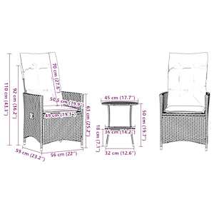3dílný bistro set s poduškami šedý polyratan - obrázek 10