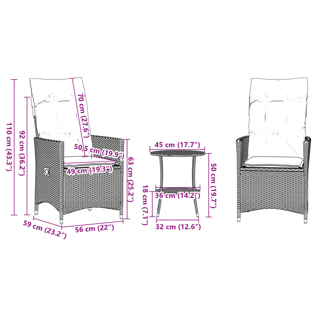 imagem de vidaXL 3 pcs conjunto bistrô com almofadões vime PE bege11