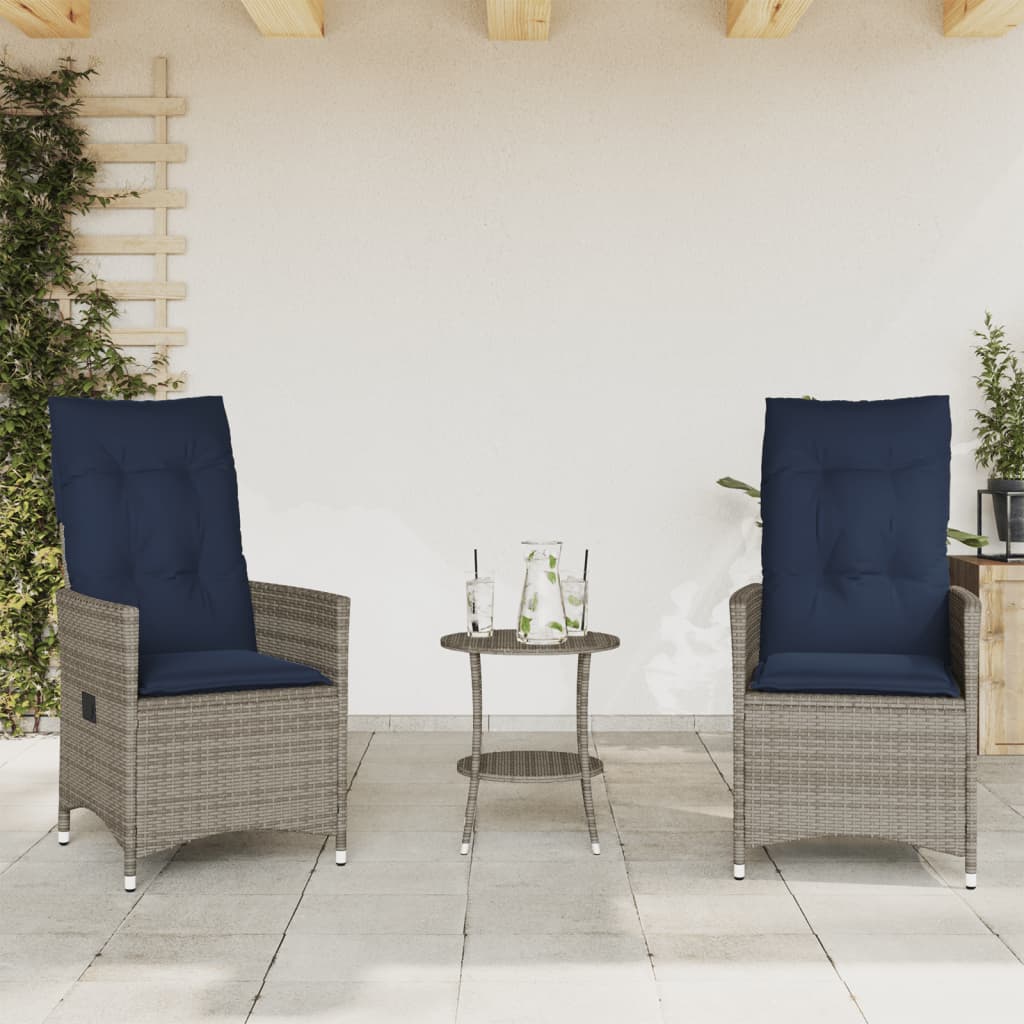 vidaXL 3-delige Bistroset met kussens poly rattan grijs