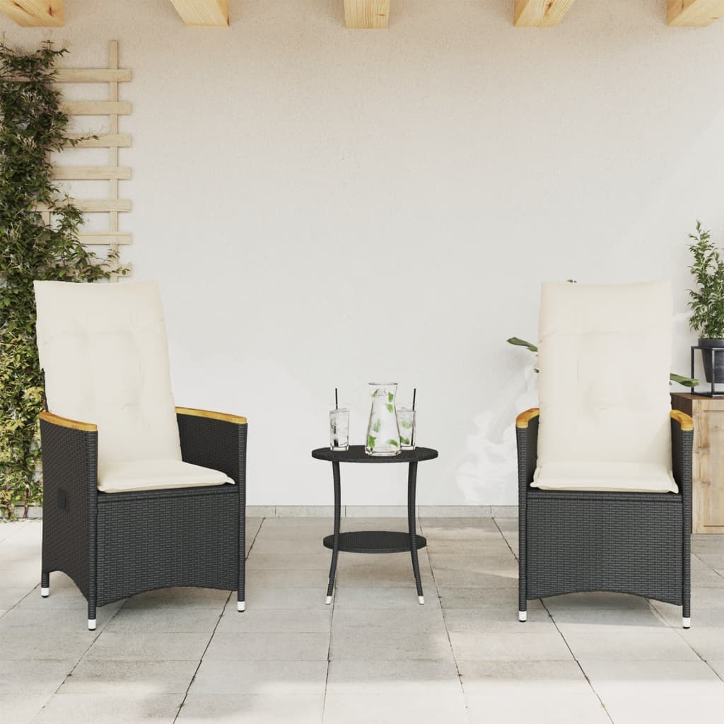 vidaXL 3-delige Bistroset met kussens poly rattan zwart afbeelding