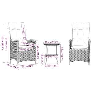 3dílný bistro set s poduškami černý polyratan - obrázek 10