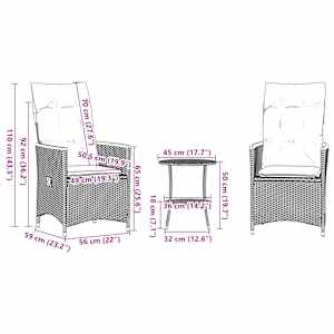3dílný bistro set s poduškami šedý polyratan - obrázek 10