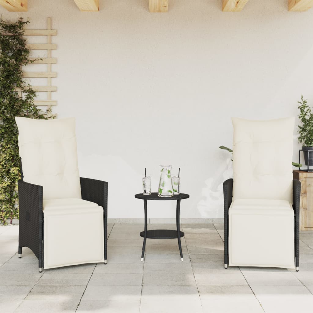 vidaXL 3-delige Bistroset met kussens poly rattan zwart afbeelding