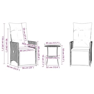 3dílný bistro set s poduškami černý polyratan - obrázek 10