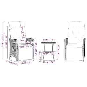 3dílný bistro set s poduškami šedý polyratan - obrázek 10